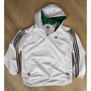 VTG 90's Adidas Windbreaker Hooded Vented White Green 3 Stripes Spell Out Medium